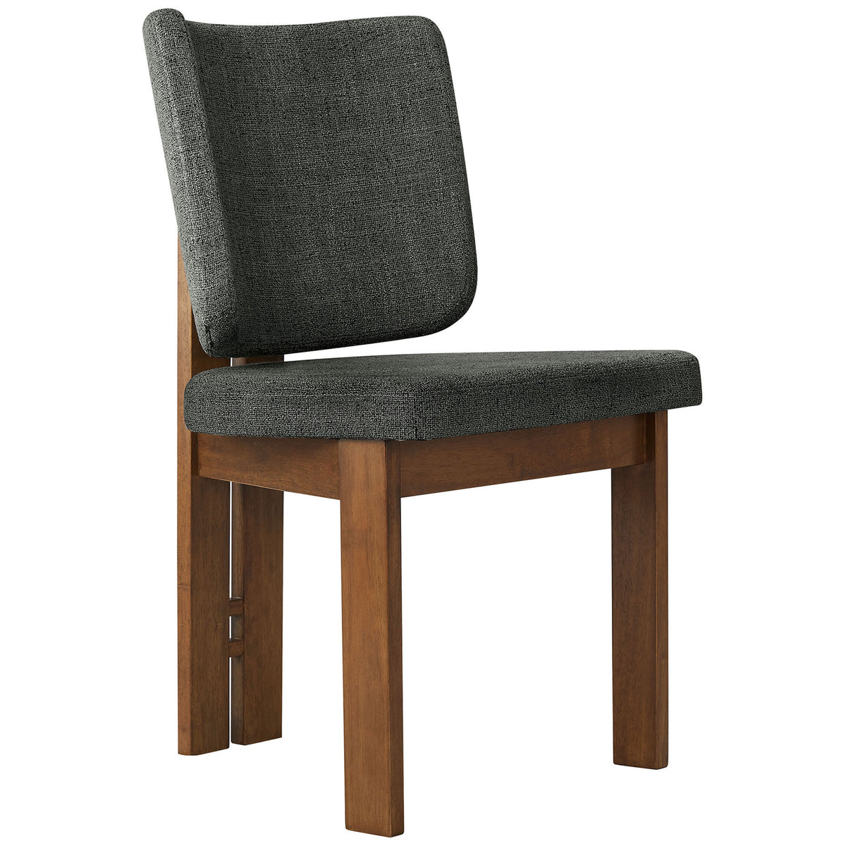Charcoal upholstered dining chair showcasing thick seat cushion and sculpted wood frame. || EEI-7465-CHA || front_angle_studio