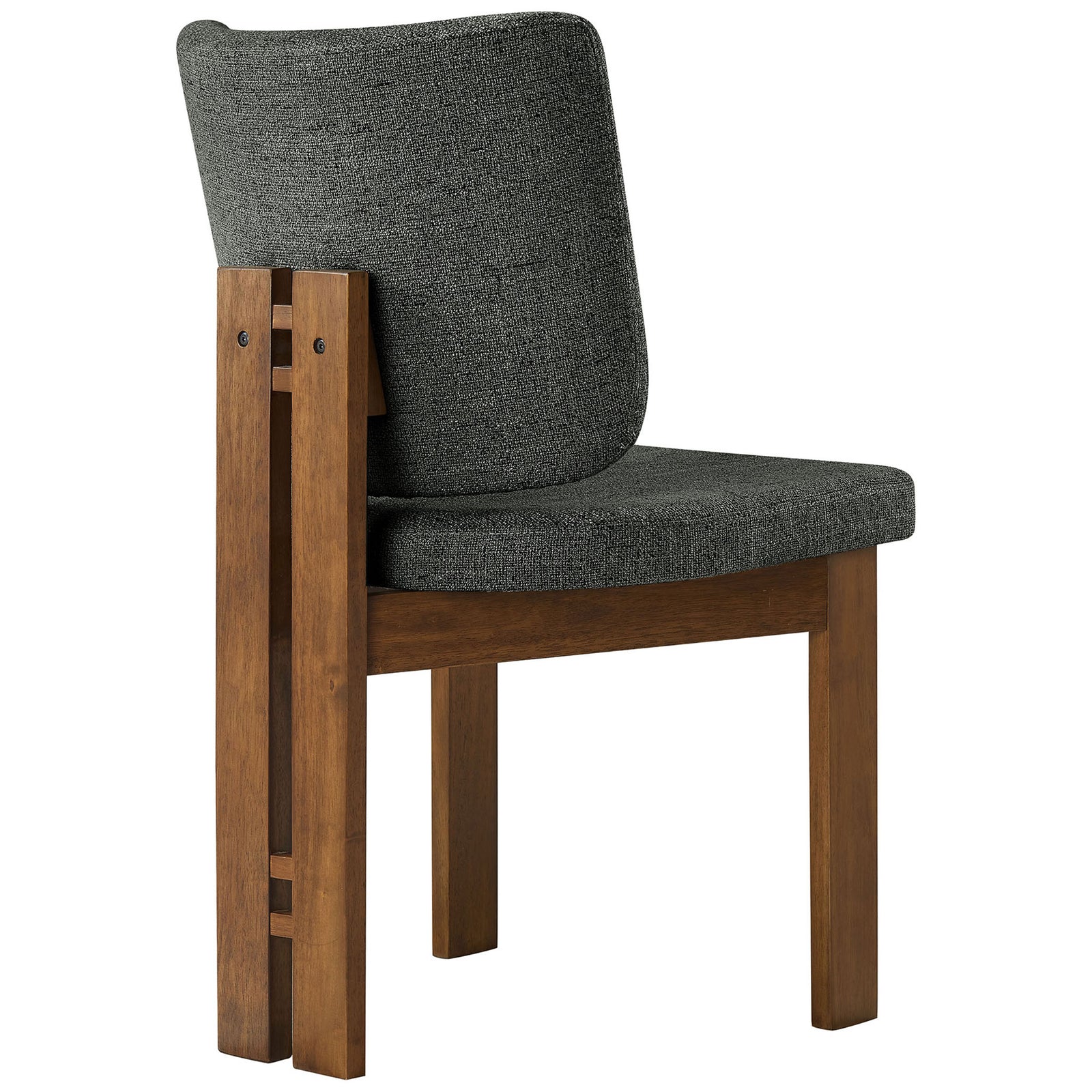 Dining chair highlighting charcoal upholstered backrest and layered wood support detail. || EEI-7465-CHA || back_angle_studio