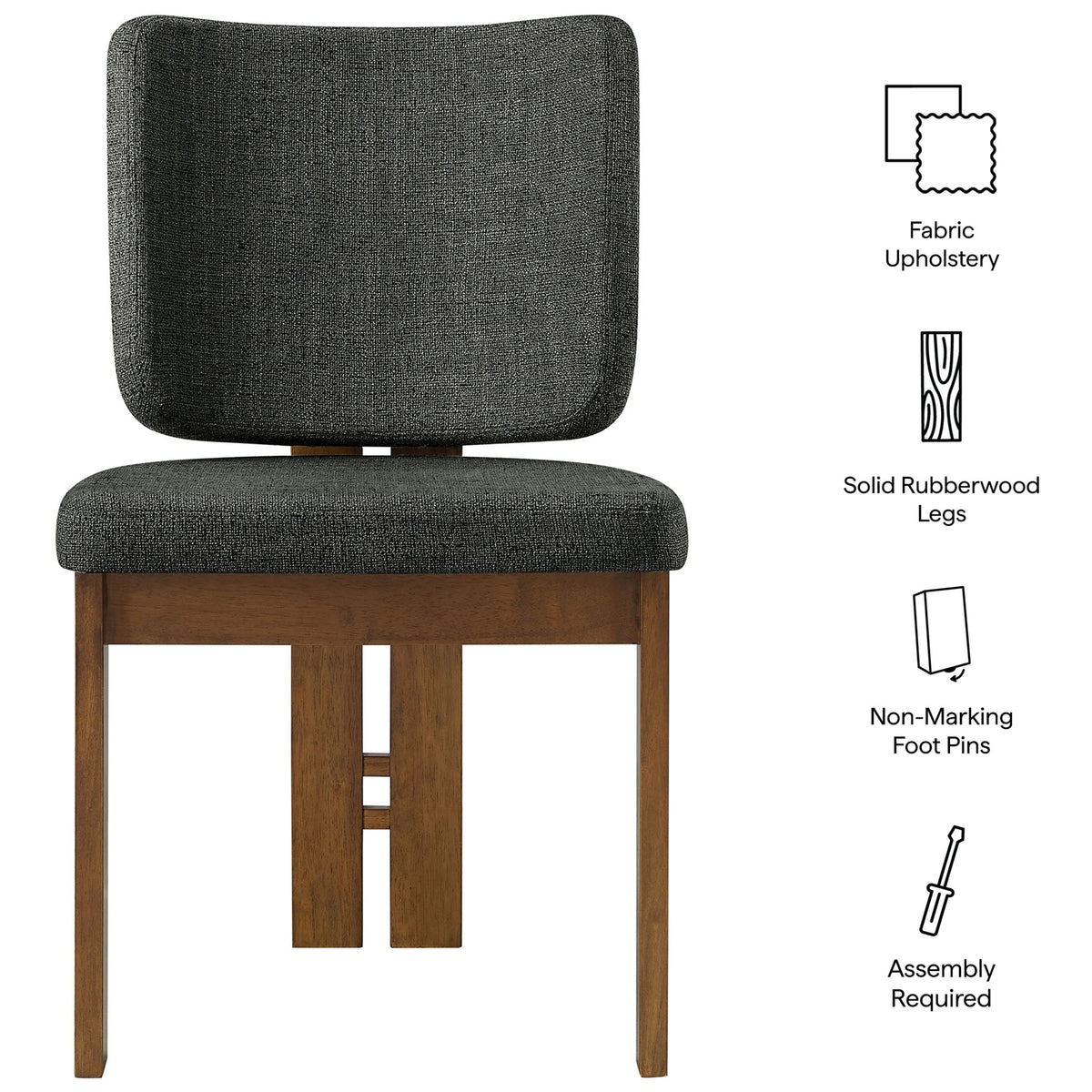 Dining chair with feature icons highlighting fabric upholstery, solid wood legs, and non marking foot pins. || EEI-7465-CHA || callout_studio