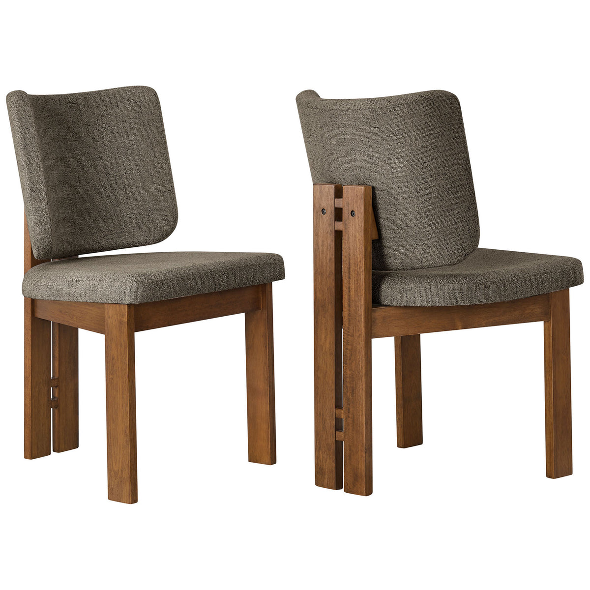 Set of two taupe upholstered dining chairs with warm wood bases and sculptural back supports || EEI-7465-TAU || front_angle_multi_studio