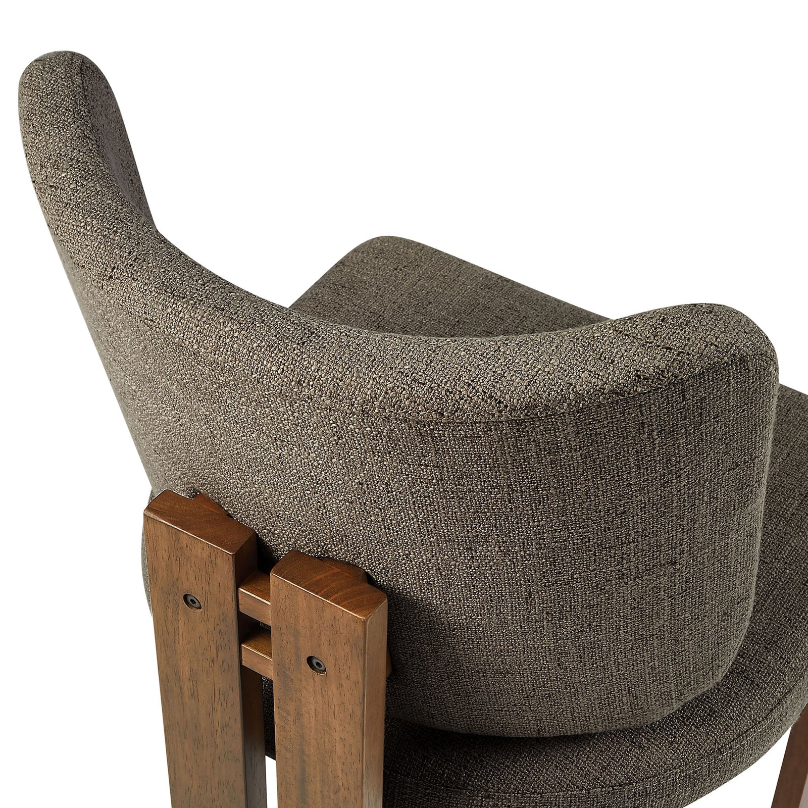 Curved taupe backrest and cushioned seat of dining chair with visible layered wood support posts || EEI-7465-TAU || detail_studio