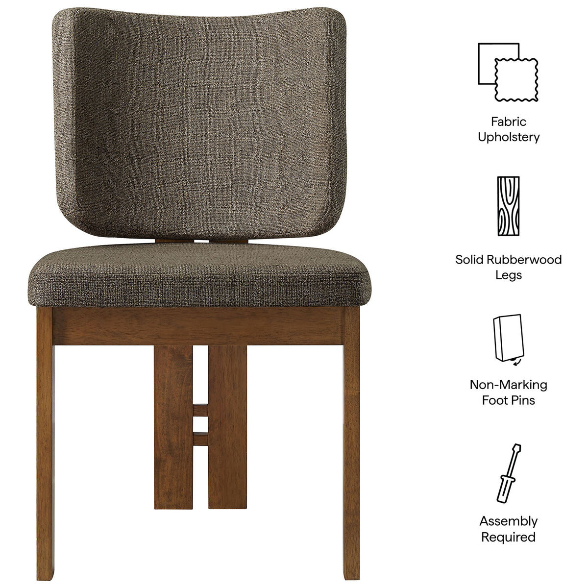 Taupe upholstered dining chair with solid wood legs non marking foot pins and easy assembly icons || EEI-7465-TAU || callout_studio