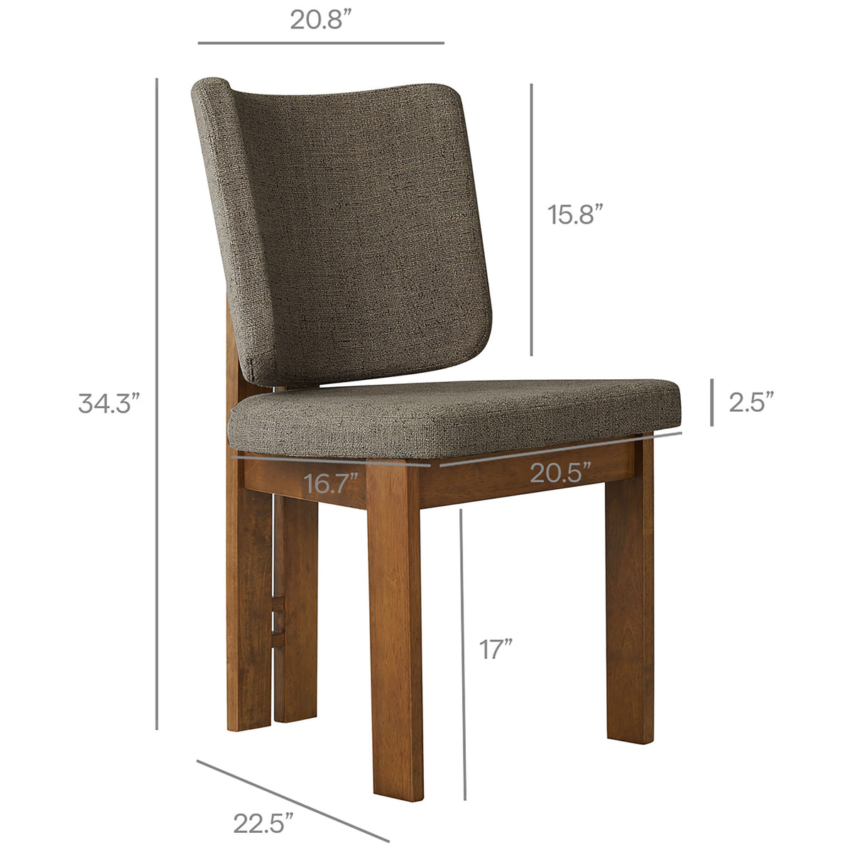 Taupe upholstered dining chair with wood frame shown with labeled measurements for height width and depth || EEI-7465-TAU || dimension_studio