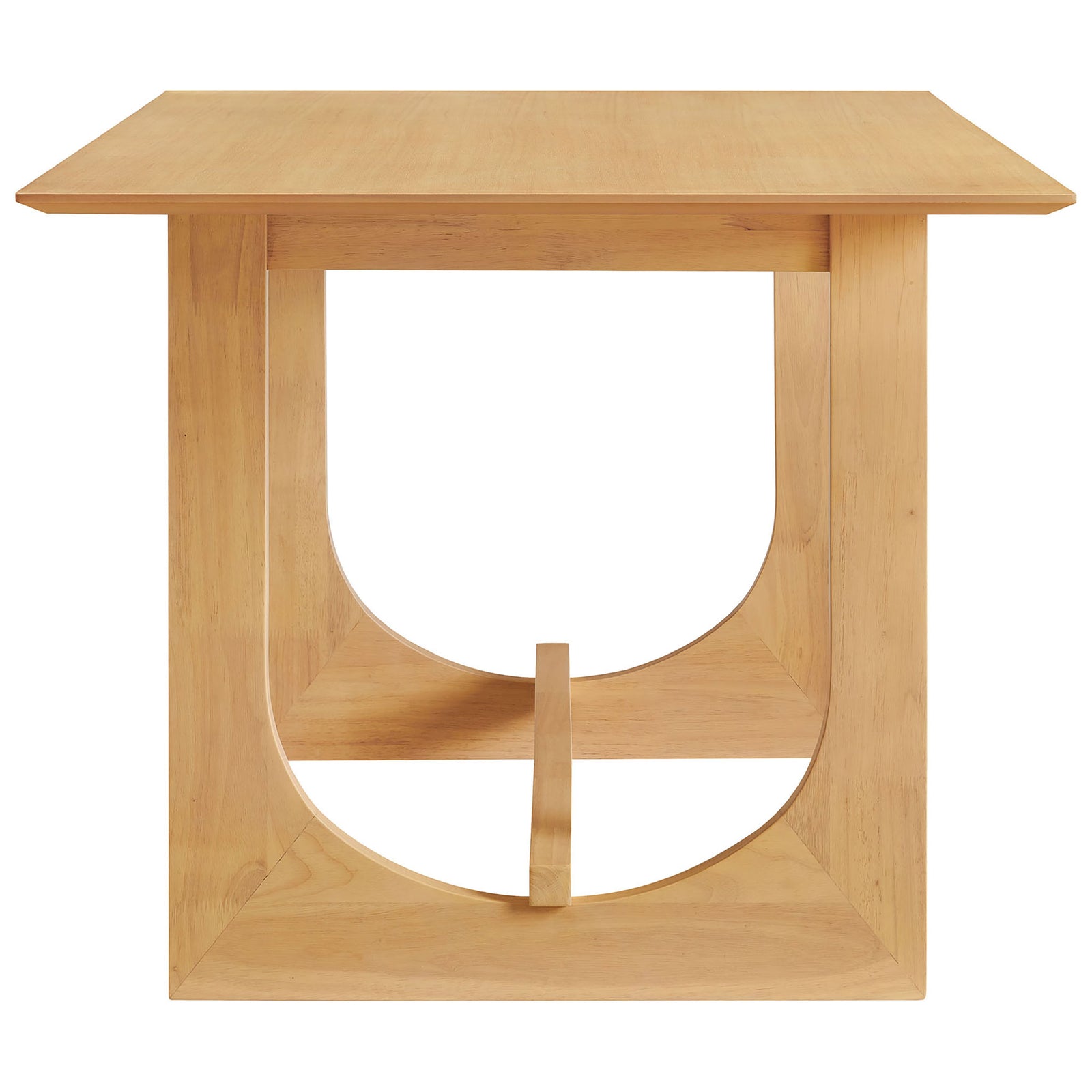 Oak dining table showcasing the bold U-shaped pedestal base and warm wood grain finish || EEI-7466-OAK || side_studio