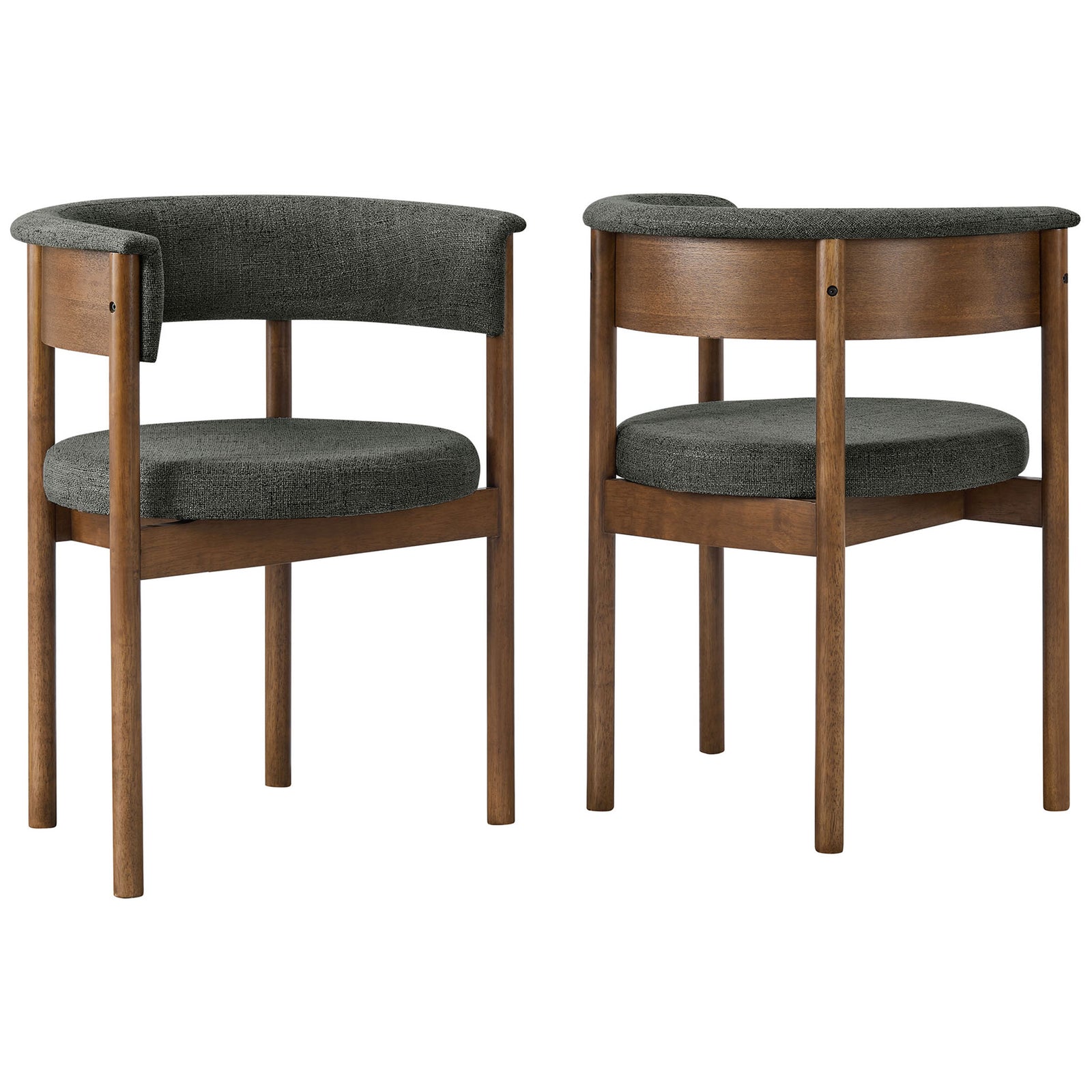 Set of two charcoal upholstered dining chairs with rounded backs and wood legs for coordinated modern seating || EEI-7467-CHA || front_angle_multi_studio