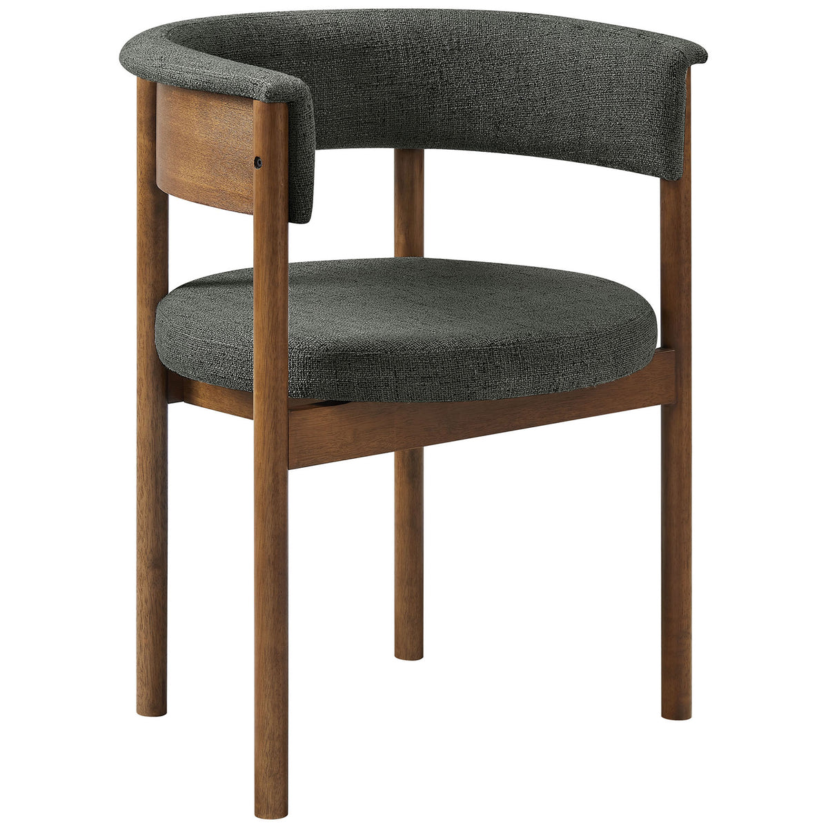 Charcoal fabric dining chair with wraparound barrel back and cylindrical wood legs for a sleek silhouette || EEI-7467-CHA || front_angle_studio