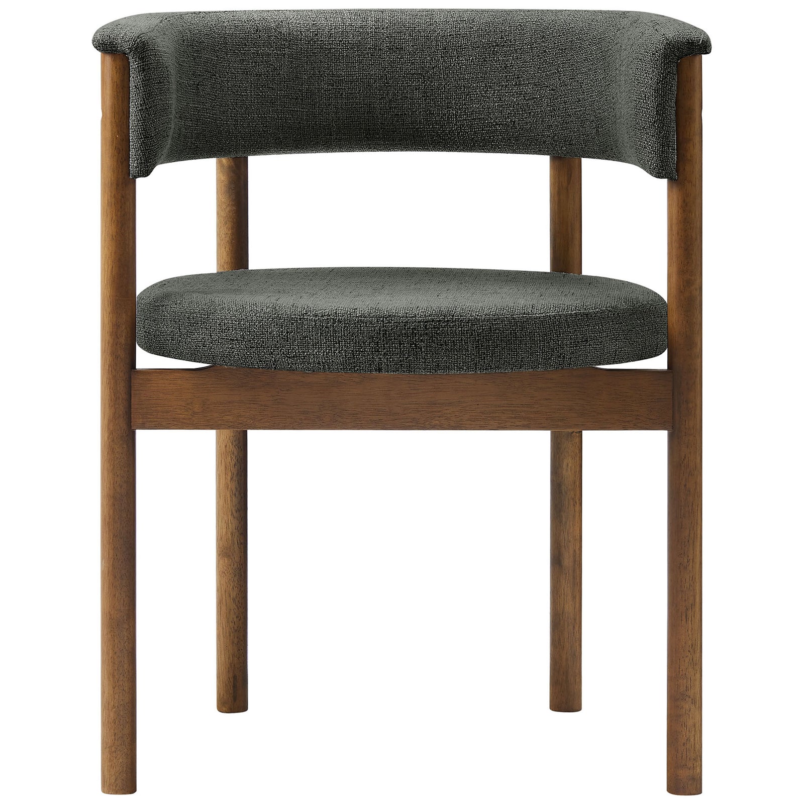 Curved charcoal upholstered dining chair with round seat and solid wood legs for modern dining rooms || EEI-7467-CHA || front_studio
