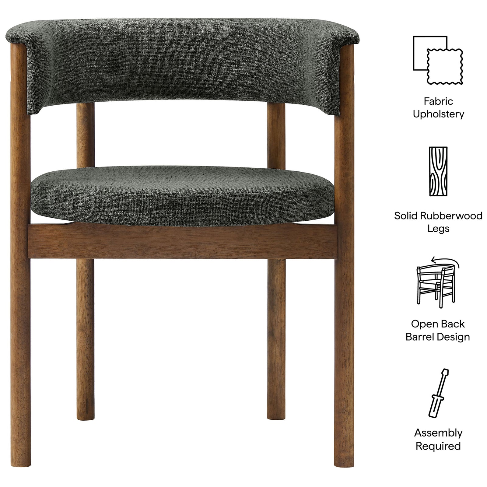 Charcoal dining chair featuring fabric upholstery, solid rubberwood legs, open back barrel design, and easy assembly || EEI-7467-CHA || callout_studio