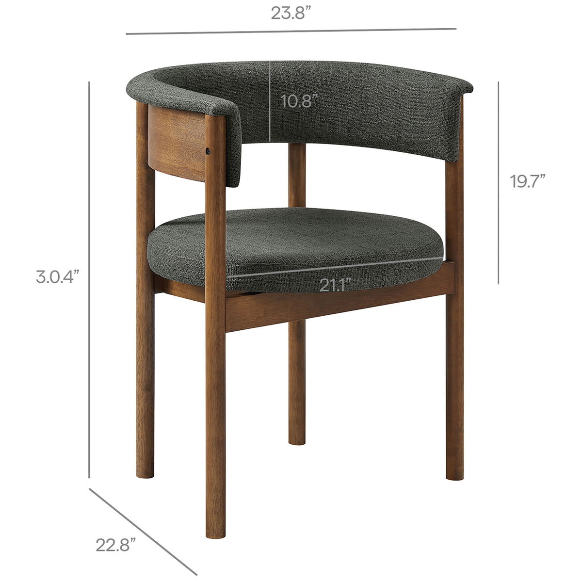 Charcoal curved dining chair with labeled dimensions showing seat height, width, depth, and overall size for easy planning || EEI-7467-CHA || dimension_studio