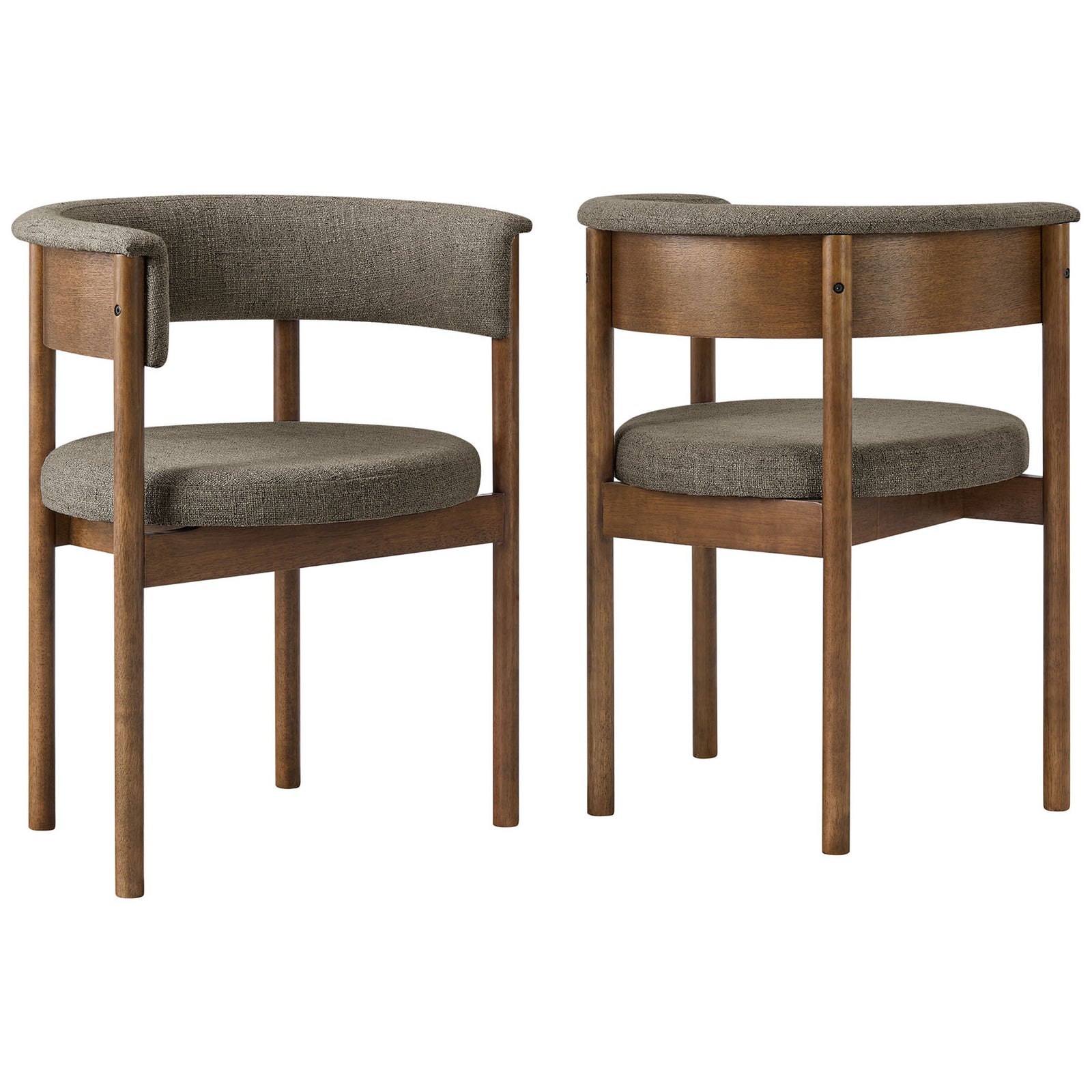 Pair of taupe curved dining chairs with open barrel backs and round cushioned seats || EEI-7467-TAU || front_angle_multi_studio