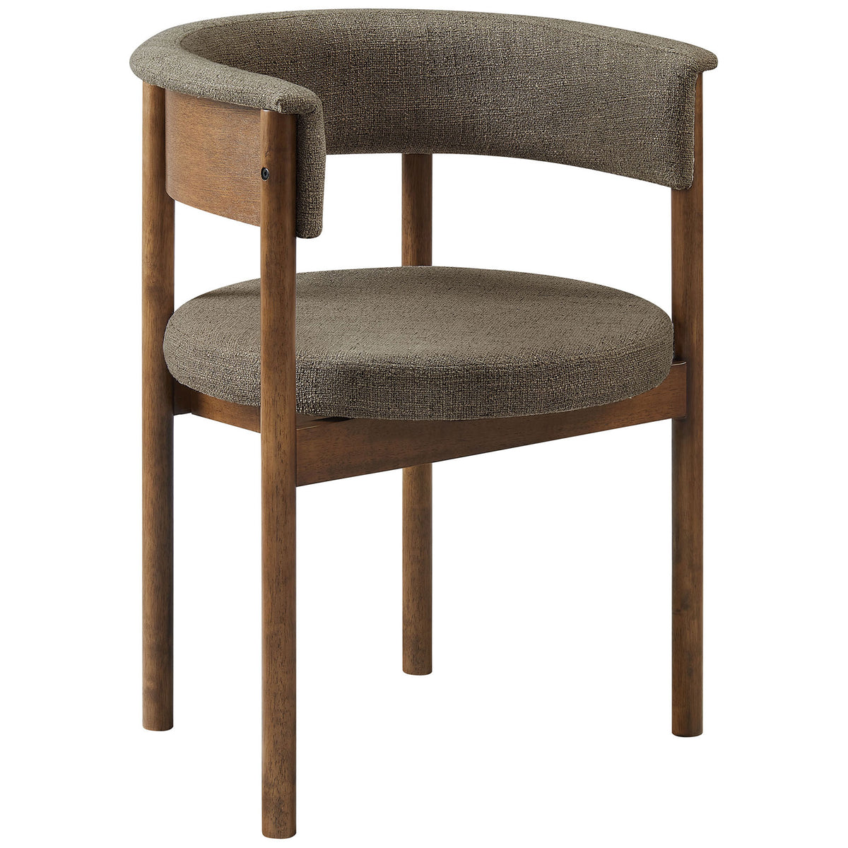 Taupe upholstered dining chair with curved open back and slender cylindrical wood legs || EEI-7467-TAU || front_angle_studio