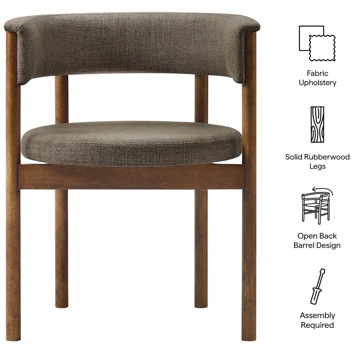 Taupe curved dining chair with fabric upholstery, solid wood legs, and open barrel back || EEI-7467-TAU || callout_studio