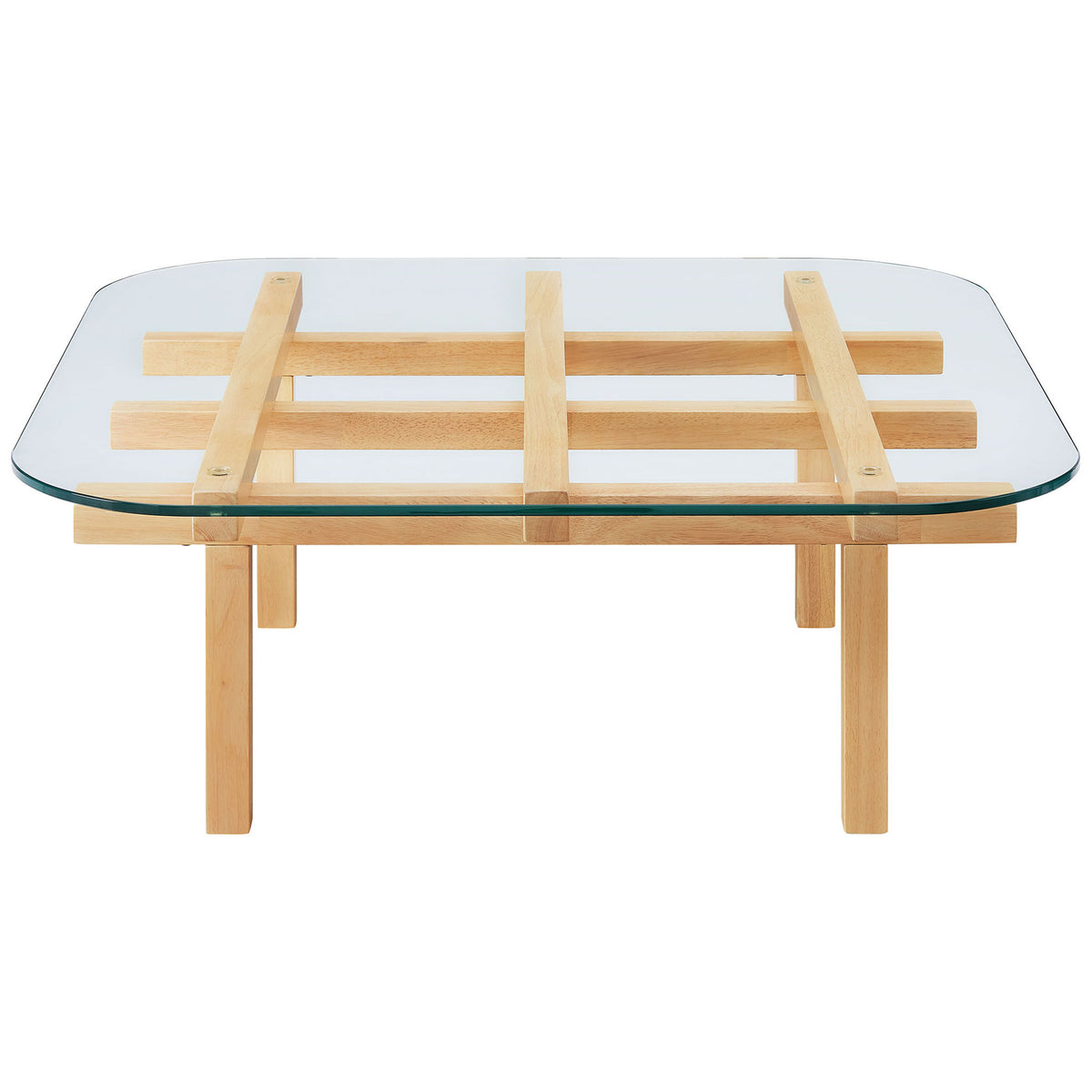 Sleek square coffee table with a transparent glass surface and sturdy oak-finished wood frame. || EEI-7468-OAK || front_studio