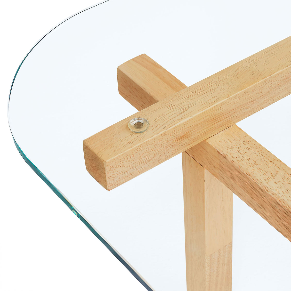 Smooth rounded glass edge and mount detail atop solid rubberwood beams in an oak finish. || EEI-7468-OAK || detail_studio