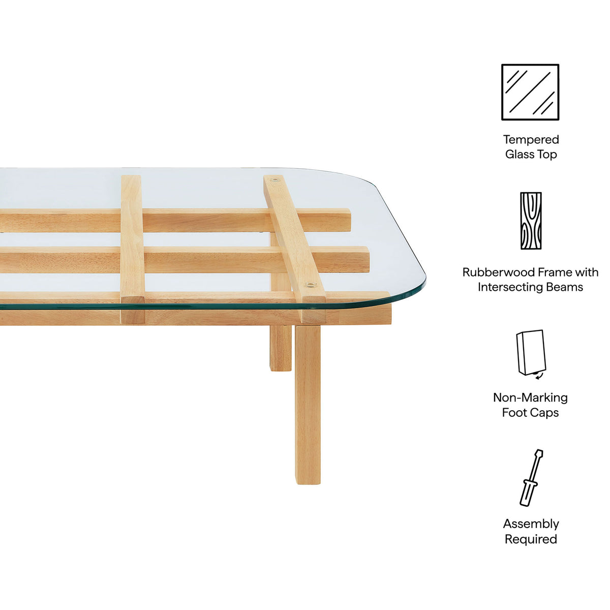 Features a tempered glass top, intersecting rubberwood beams, and non-marking foot caps. || EEI-7468-OAK || callout_studio