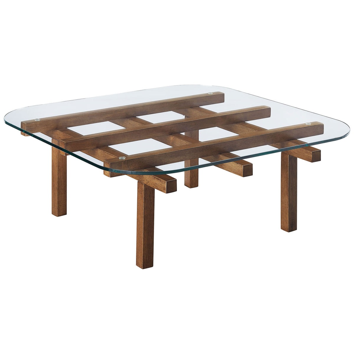 Tempered glass coffee table with rounded corners and a walnut grid base for a sculptural airy look || EEI-7468-WAL || front_angle_studio