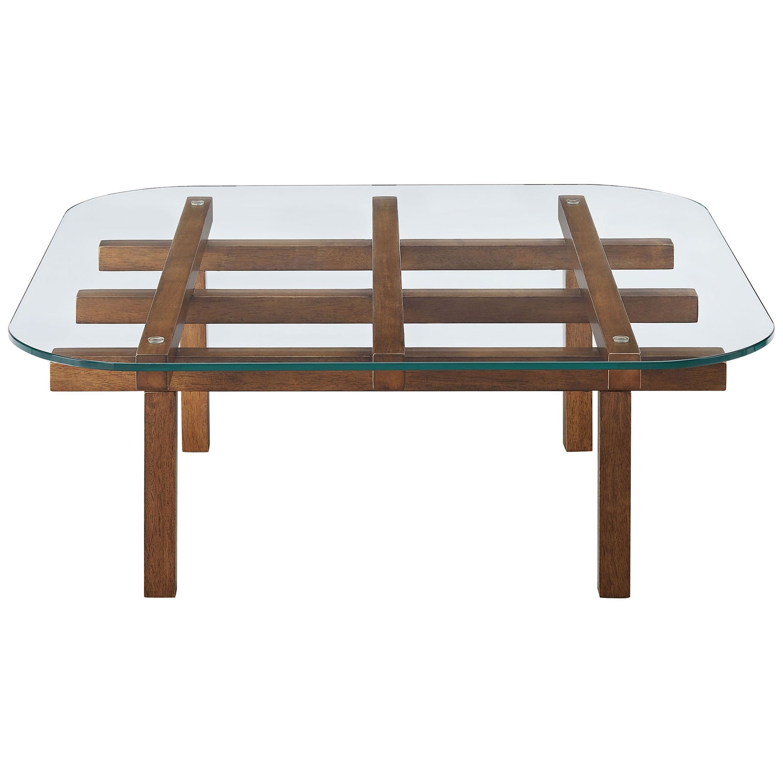 Square glass coffee table showcases the intersecting rubberwood beams in a warm walnut finish || EEI-7468-WAL || front_studio