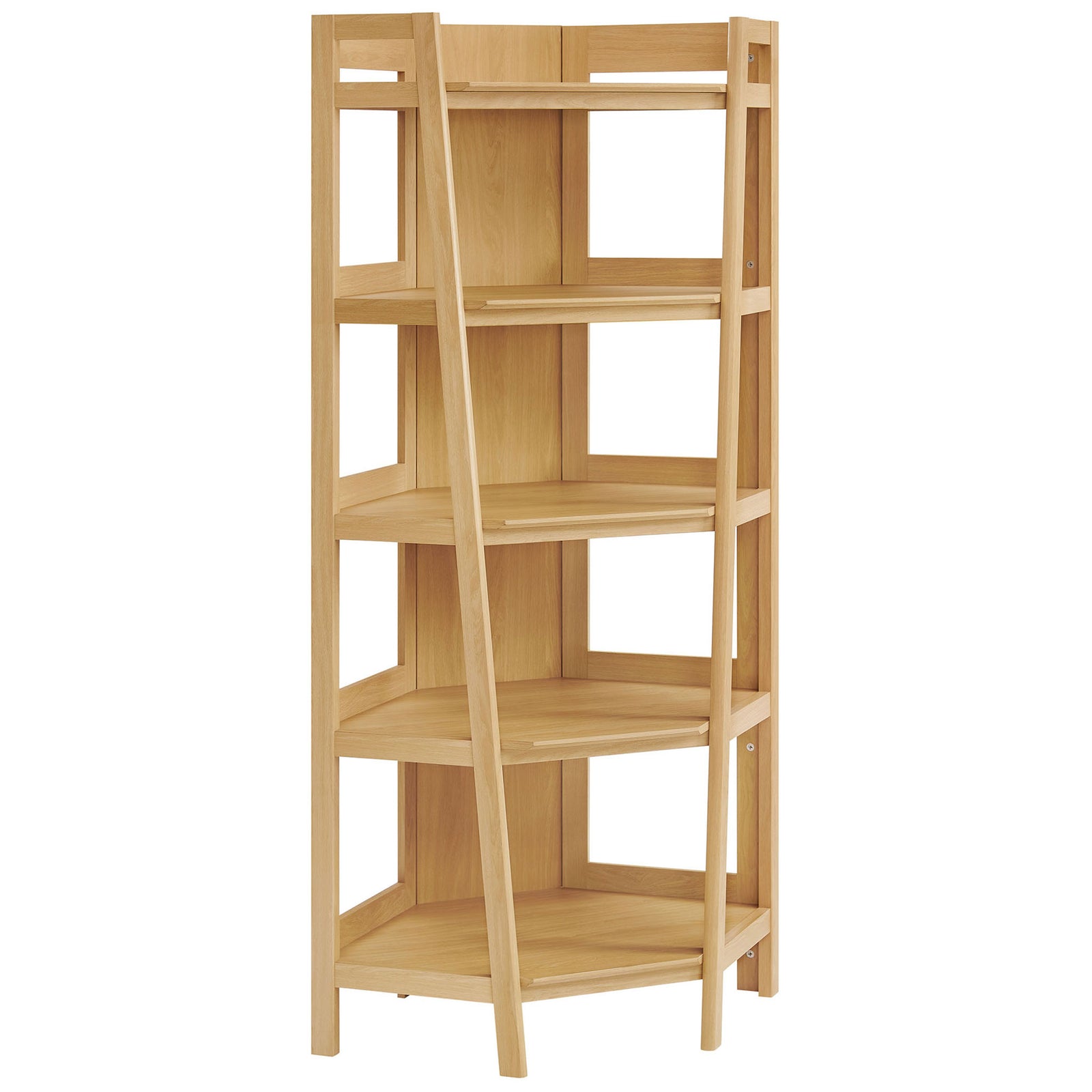 Slim oak corner bookshelf with five open shelves, angled supports, and airy window-style sides || EEI-7469-OAK || front_angle_studio