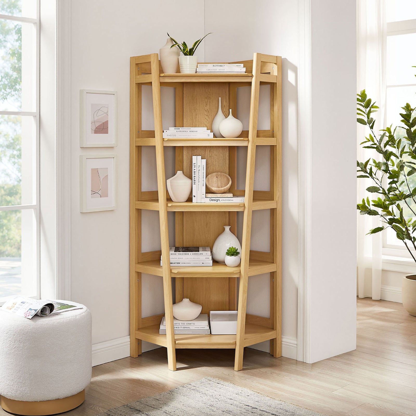 Corner bookshelf brings warm oak tone and five open tiers to brighten your living space || EEI-7469-OAK || front_room