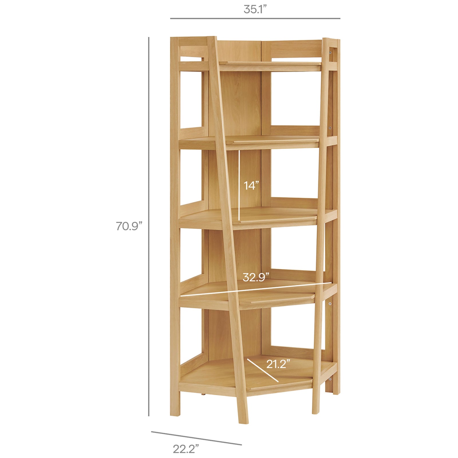 70.9 in. tall corner bookcase, 35.1 in. wide, 22.2 in. deep, fits snugly to maximize space || EEI-7469-OAK || dimension_studio