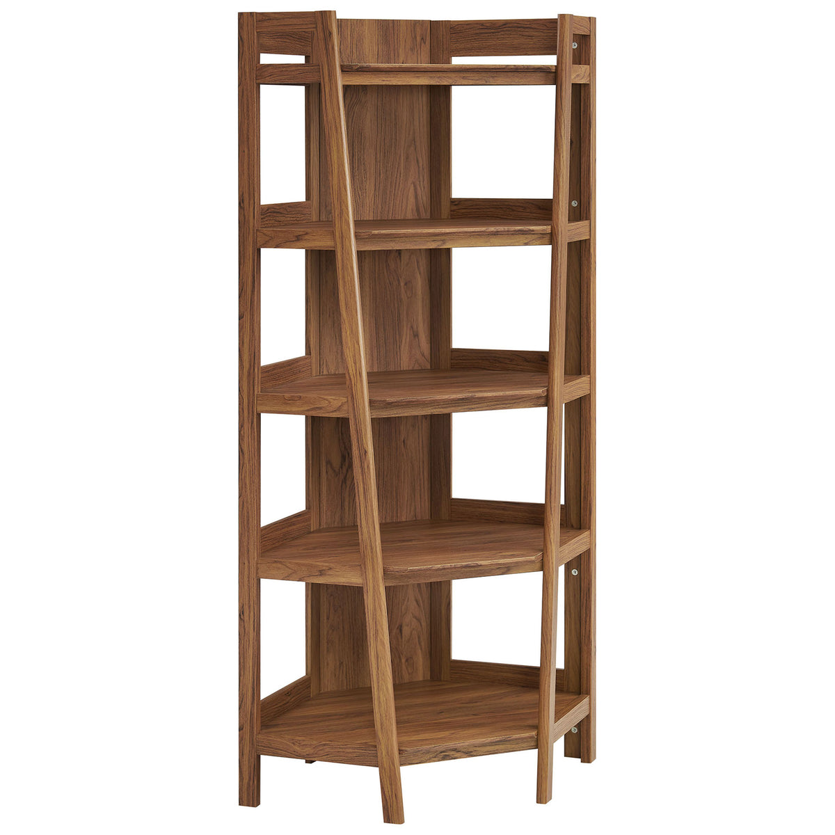 Walnut corner bookshelf with five open shelves and angled side supports for a clean, airy profile || EEI-7469-WAL || front_angle_studio