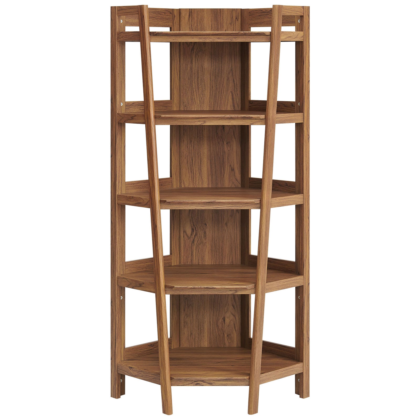 Tall walnut corner bookcase with window-style side panels and five roomy shelves for books and decor || EEI-7469-WAL || front_studio