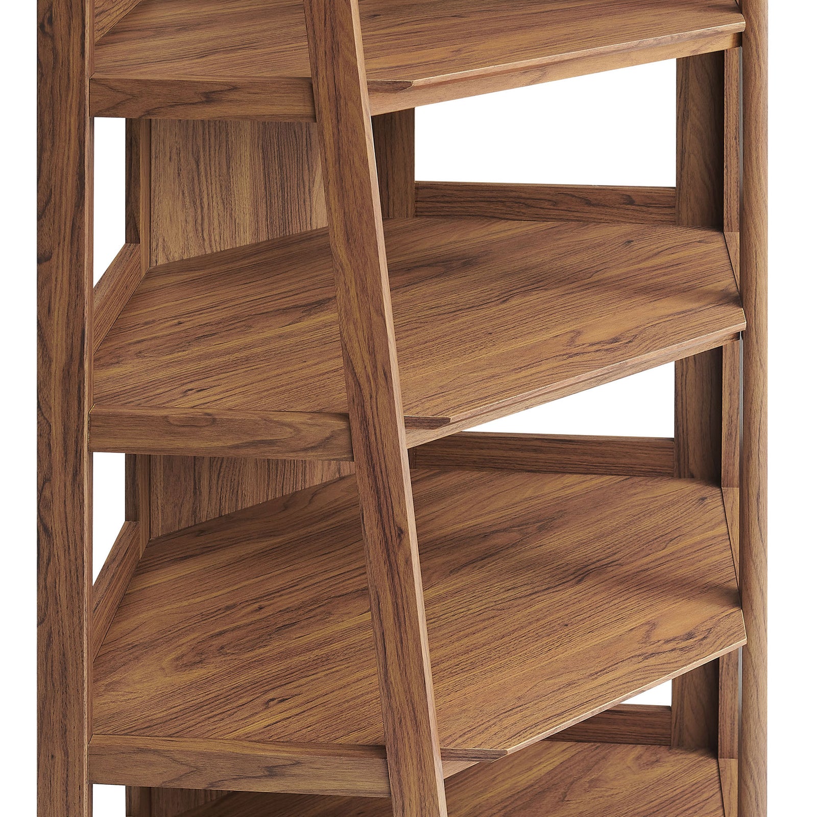 Walnut wood grain and tiered corner shelves with a smooth, durable laminate finish || EEI-7469-WAL || detail_studio