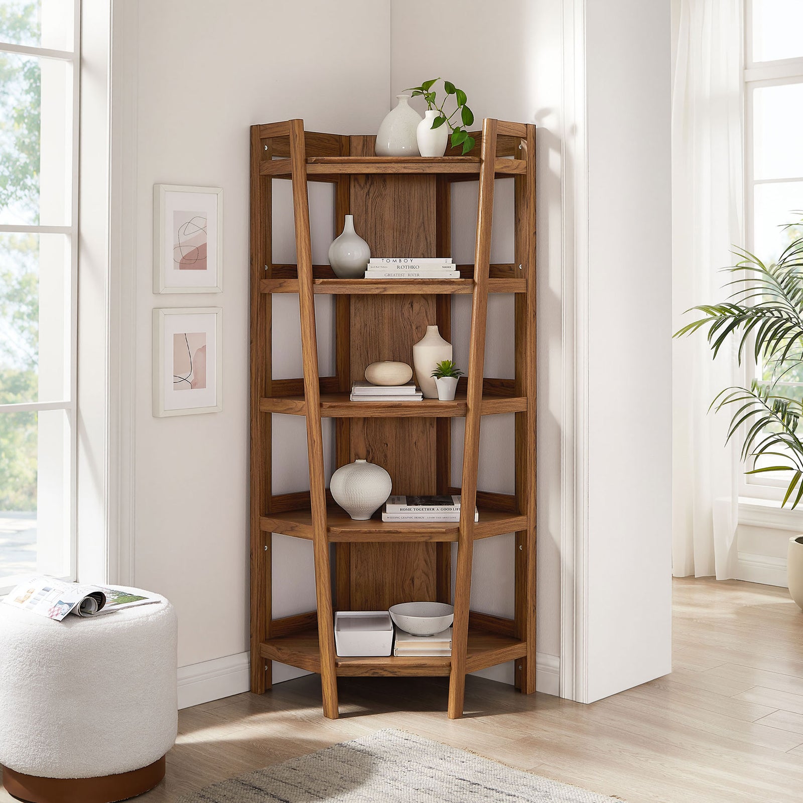Corner bookshelf in warm walnut finish elevates small spaces with five open shelves and slim supports || EEI-7469-WAL || front_room
