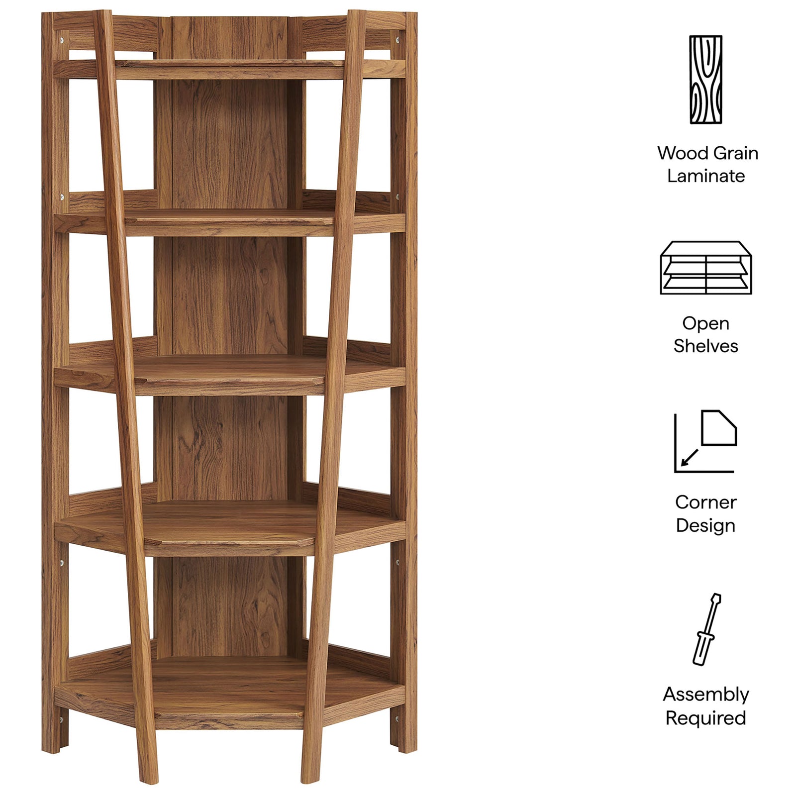 Walnut corner bookshelf highlights: wood grain laminate, open shelves, corner design, assembly required || EEI-7469-WAL || callout_studio