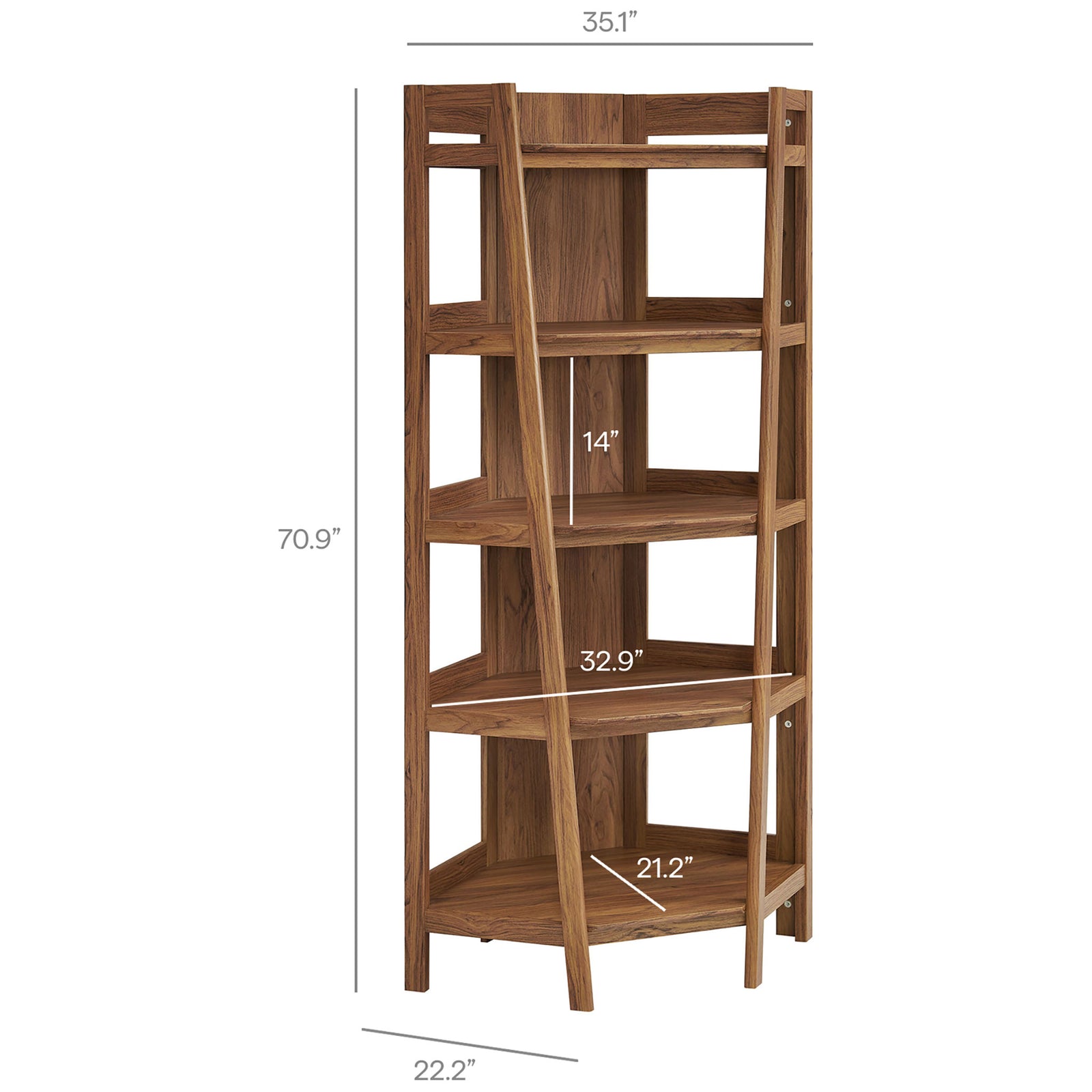 Walnut corner bookshelf size: 70.9 inches tall with a 22.2 by 35.1 inch corner footprint || EEI-7469-WAL || dimension_studio