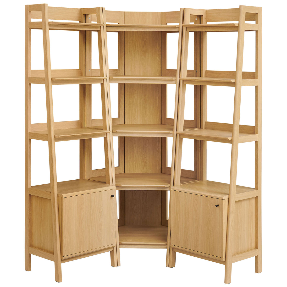 Three-piece design nests cleanly into a corner, blending open shelving with concealed storage. || EEI-7470-OAK || front_studio