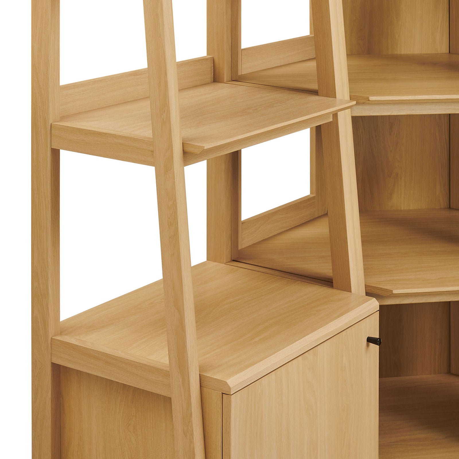 Window-style side panels and sturdy shelves highlight the airy, modern look. || EEI-7470-OAK || detail_studio