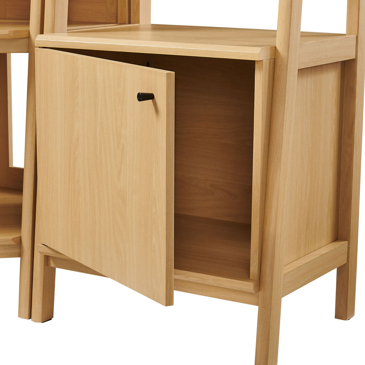 Lower cabinet opens to reveal spacious hidden storage for clutter-free living. || EEI-7470-OAK || storage_open_studio