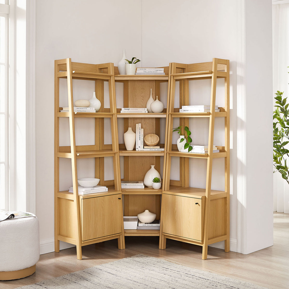 Create a striking corner display with oak shelves, angled supports, and discreet cabinet storage. || EEI-7470-OAK || front_room