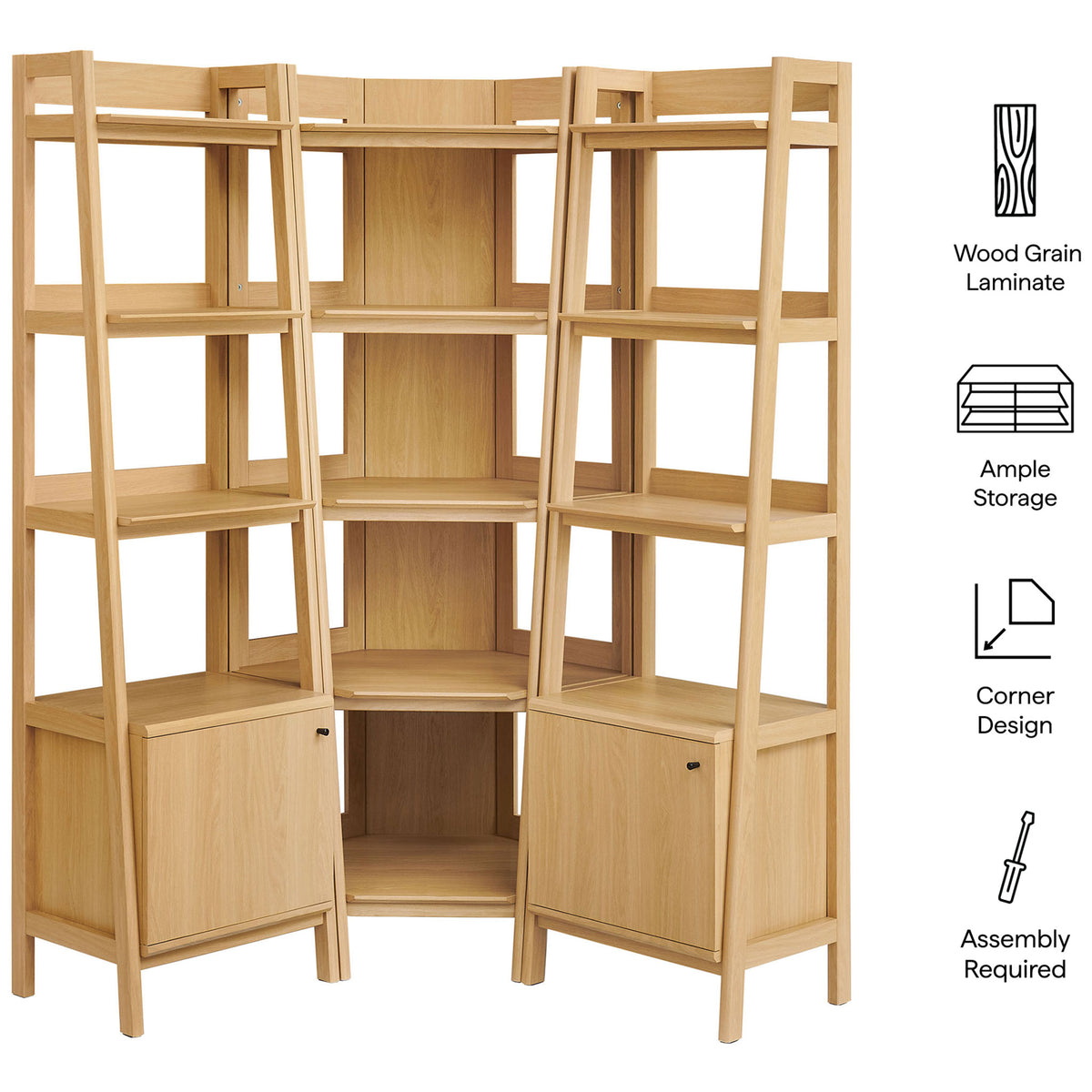 Wood grain laminate, ample storage, and a corner-saving design with easy assembly. || EEI-7470-OAK || callout_studio