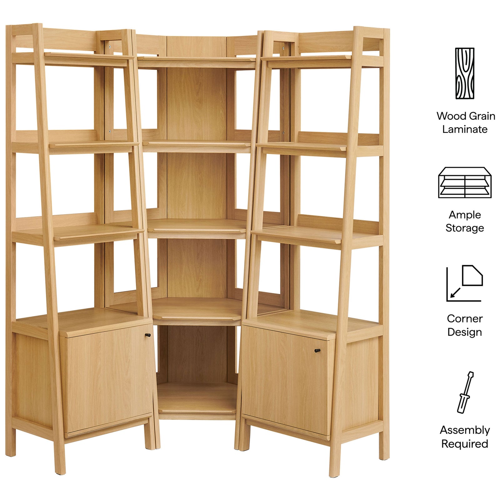 Wood grain laminate, ample storage, and a corner-saving design with easy assembly. || EEI-7470-OAK || callout_studio
