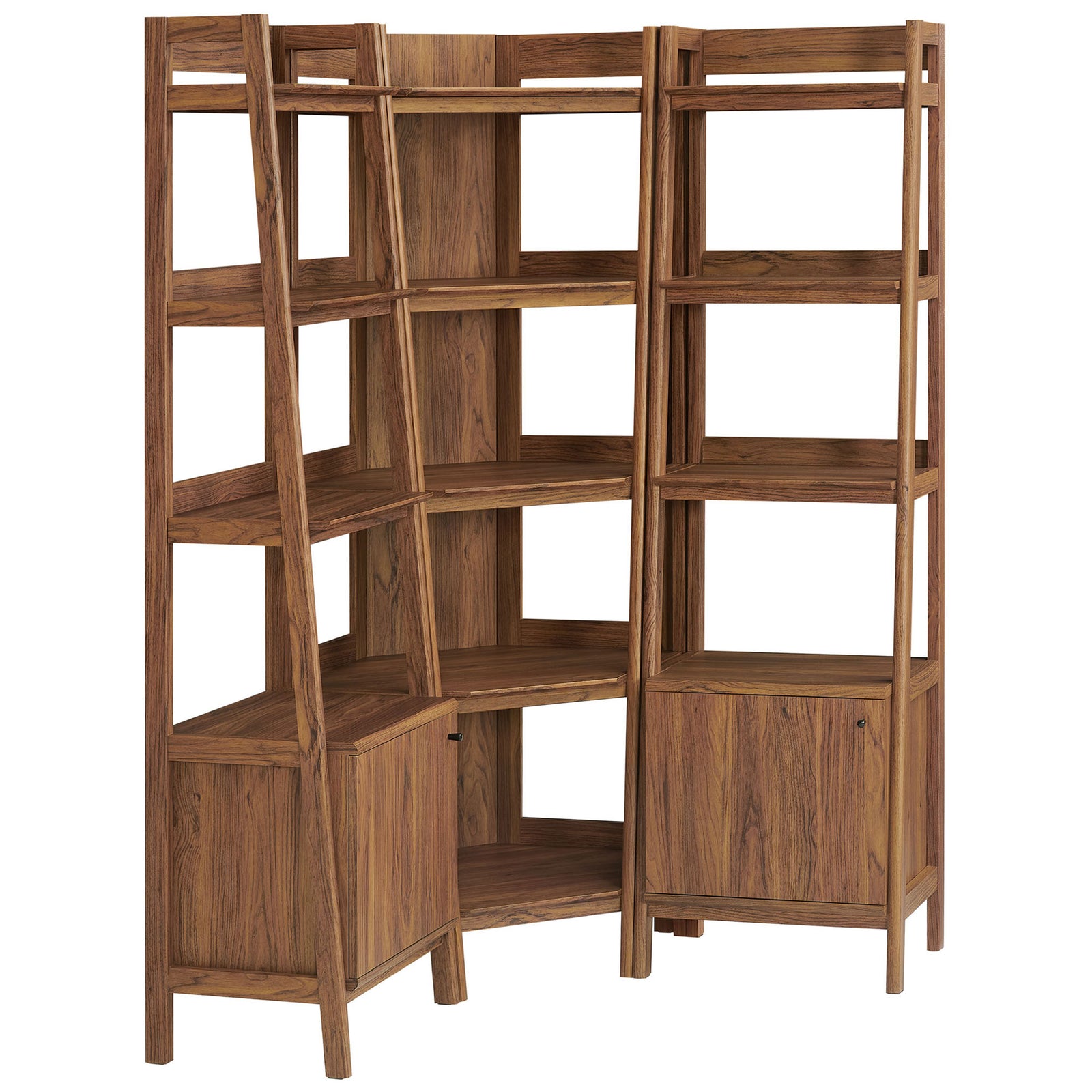 Three-piece walnut corner bookshelf set with open shelves, angled supports, and two lower cabinets || EEI-7470-WAL || front_angle_studio