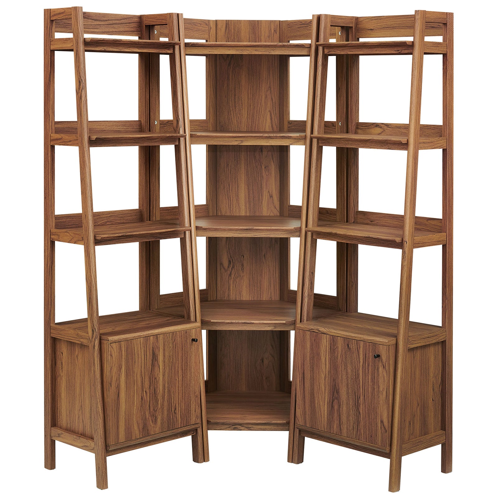Corner bookshelf trio creates a striking 76-inch wide display with airy frames and concealed base cabinets || EEI-7470-WAL || front_studio