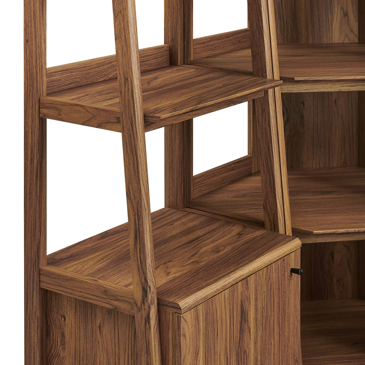 Open shelf design with angled side supports highlights the warm walnut wood grain || EEI-7470-WAL || detail_studio