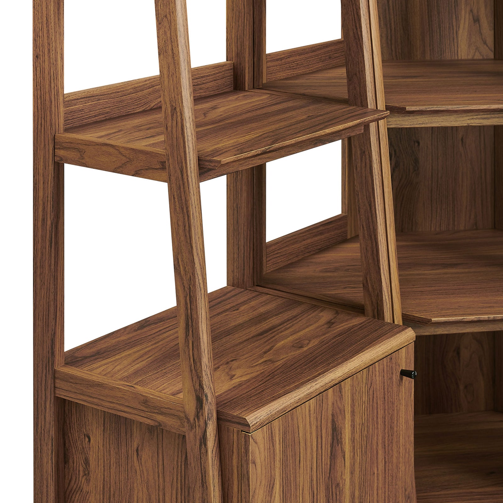 Open shelf design with angled side supports highlights the warm walnut wood grain || EEI-7470-WAL || detail_studio