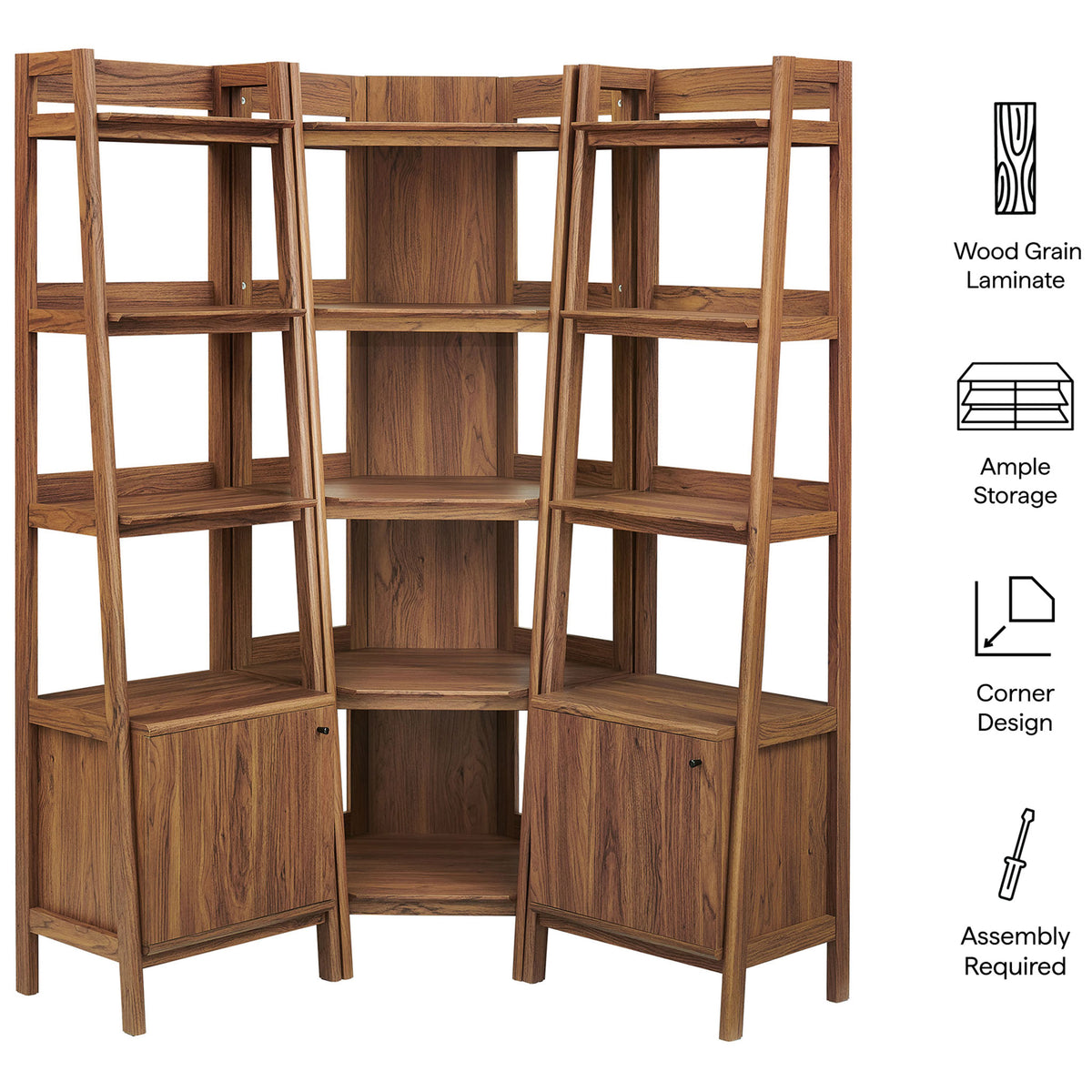 Wood grain laminate, ample storage, and corner design with easy assembly || EEI-7470-WAL || callout_studio