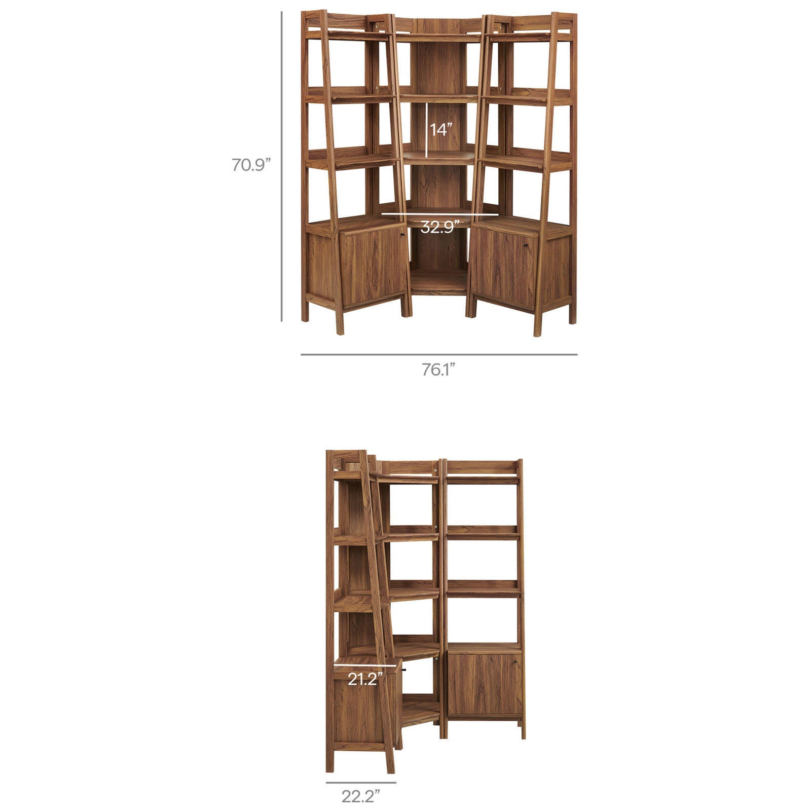 Dimensions highlight the spacious tiers and corner-fitting profile of the three-piece set || EEI-7470-WAL || dimension_studio