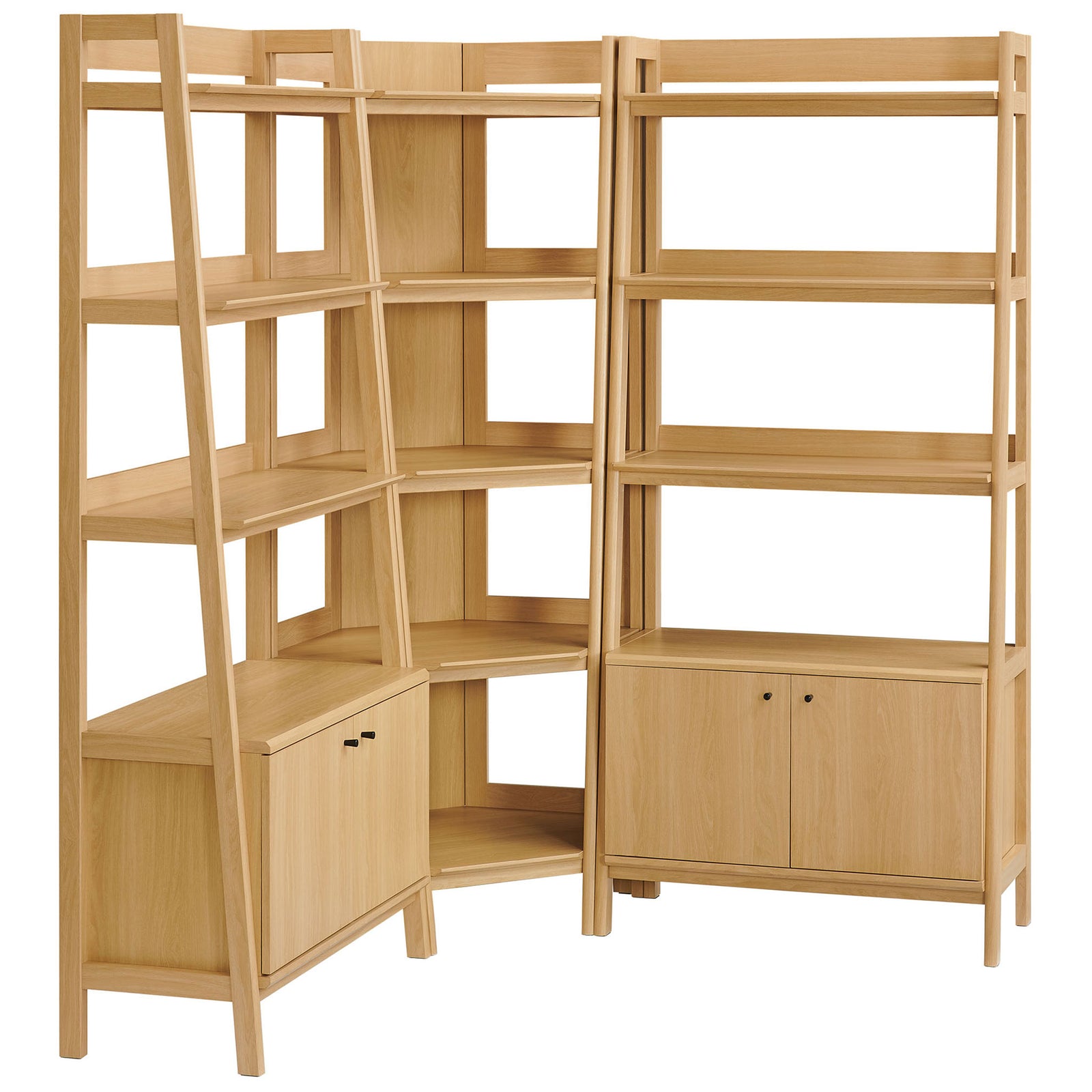 Angled side supports and window-style panels add airy structure to this oak corner bookshelf set || EEI-7471-OAK || front_angle_studio