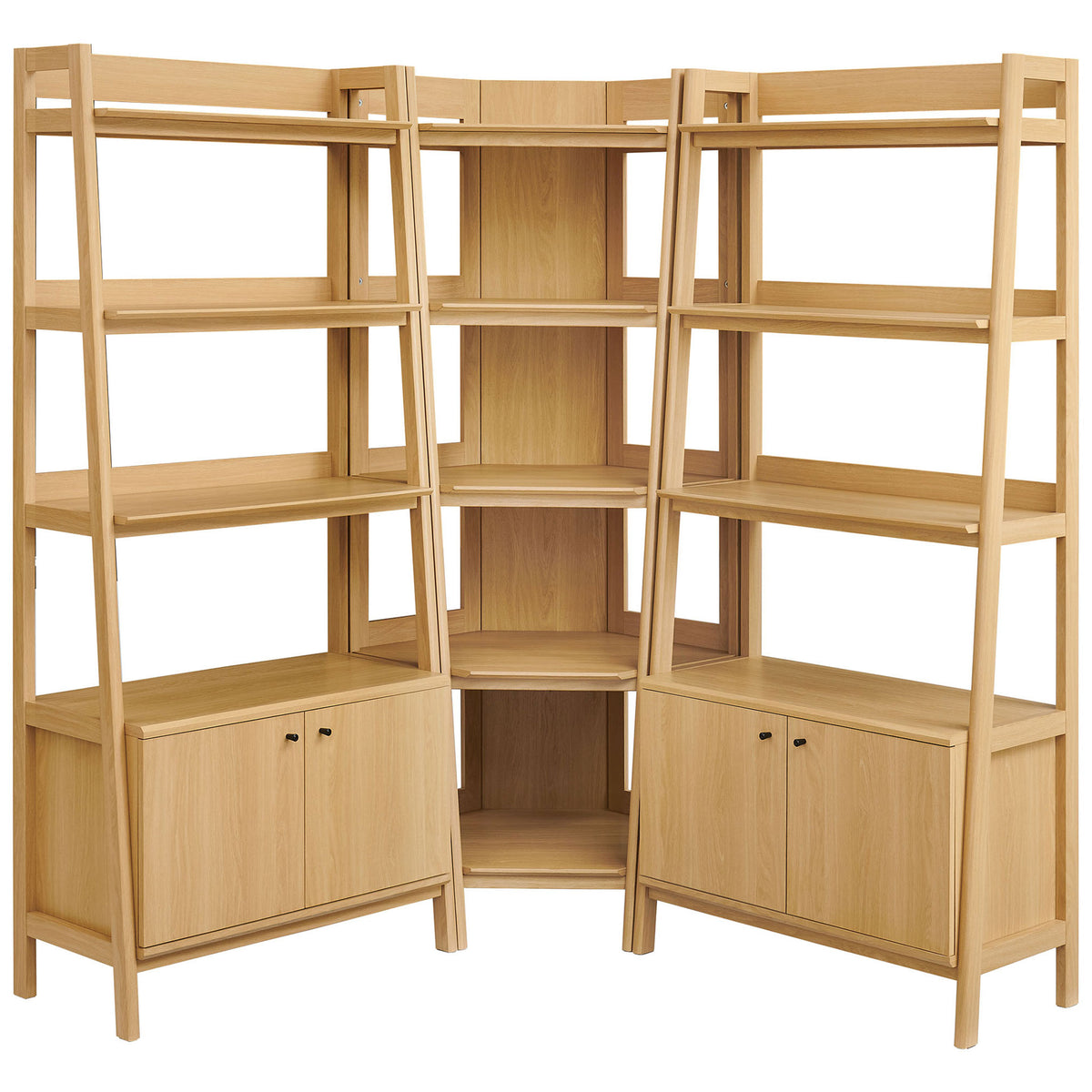 Three-piece corner bookshelf set with wide open shelves and base cabinets in an oak wood grain finish || EEI-7471-OAK || front_studio