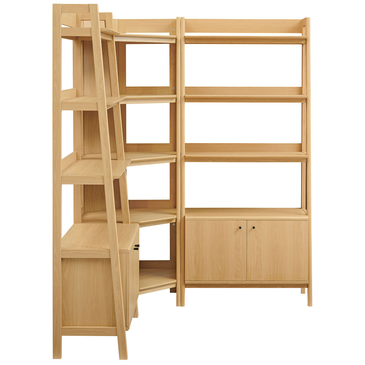 Twelve-tier design combines open display space with concealed storage in two lower cabinets || EEI-7471-OAK || front_angle_studio