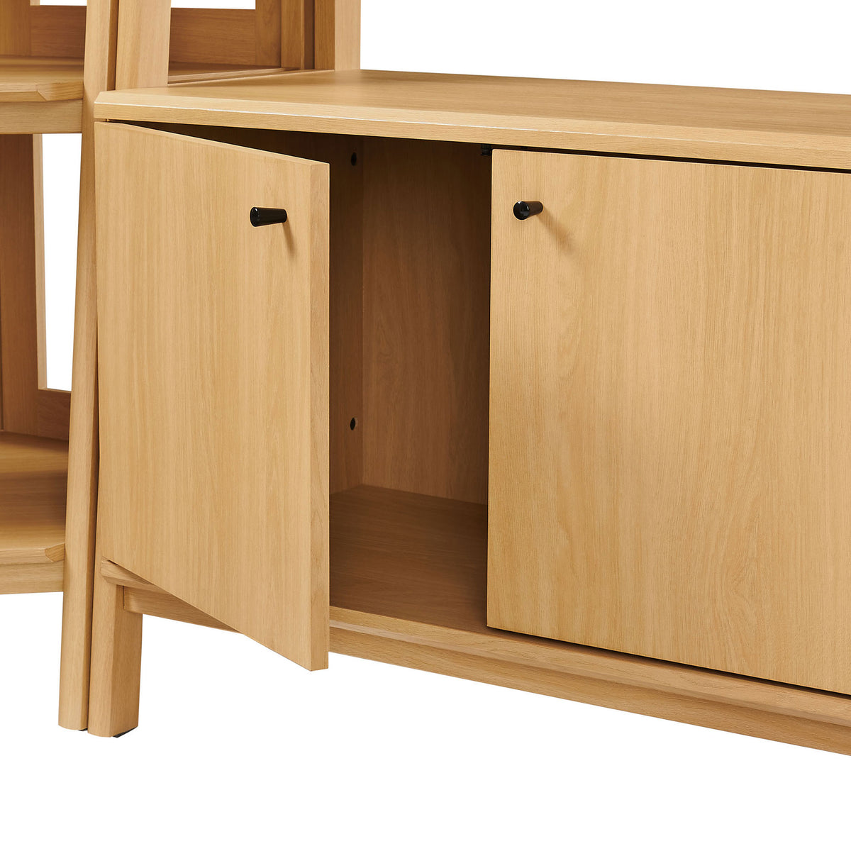 Lower cabinet opens to reveal roomy storage with sleek black pulls and clean, modern lines || EEI-7471-OAK || storage_open_studio