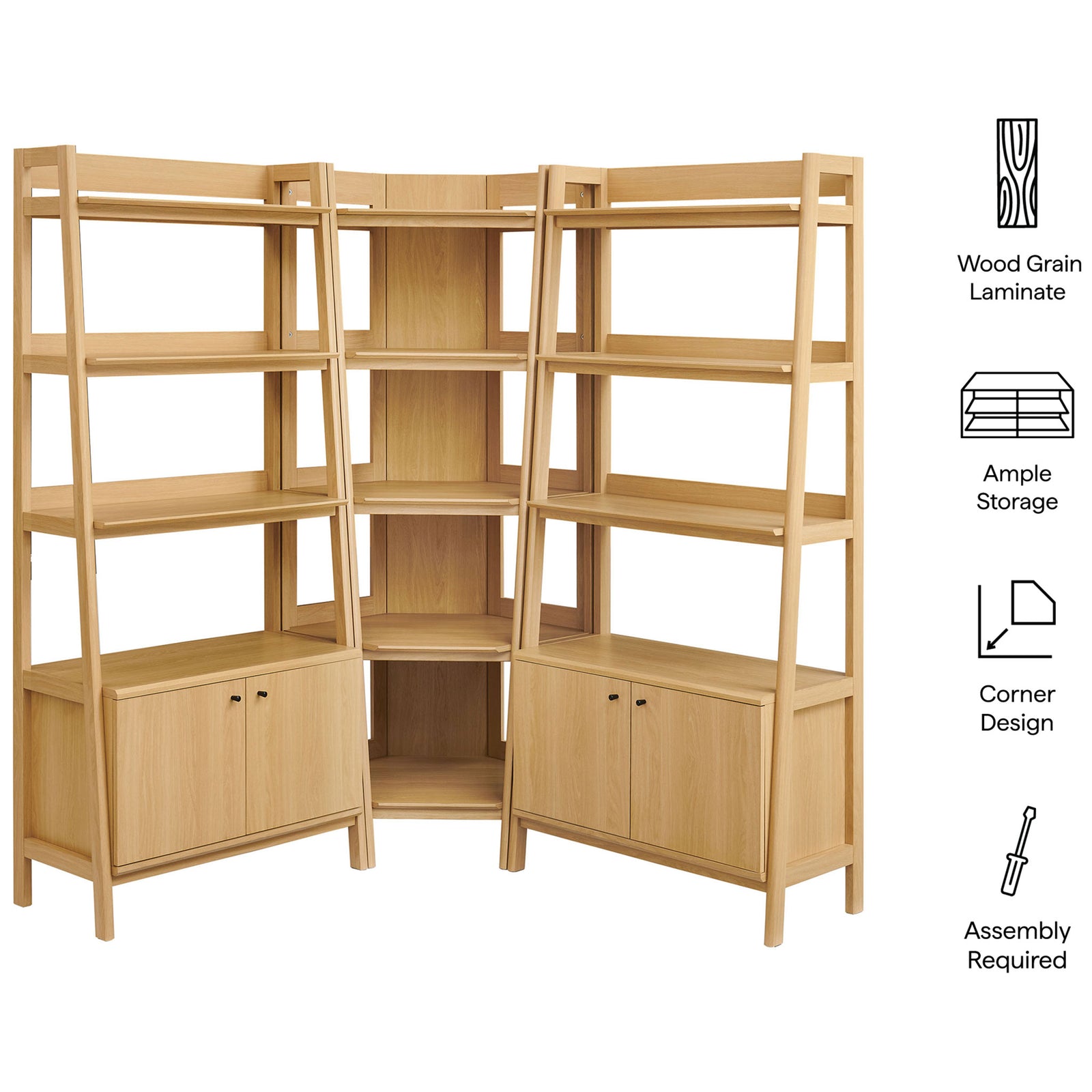 Modern corner bookcase set features wood grain laminate, ample storage, and a space-saving design || EEI-7471-OAK || callout_studio