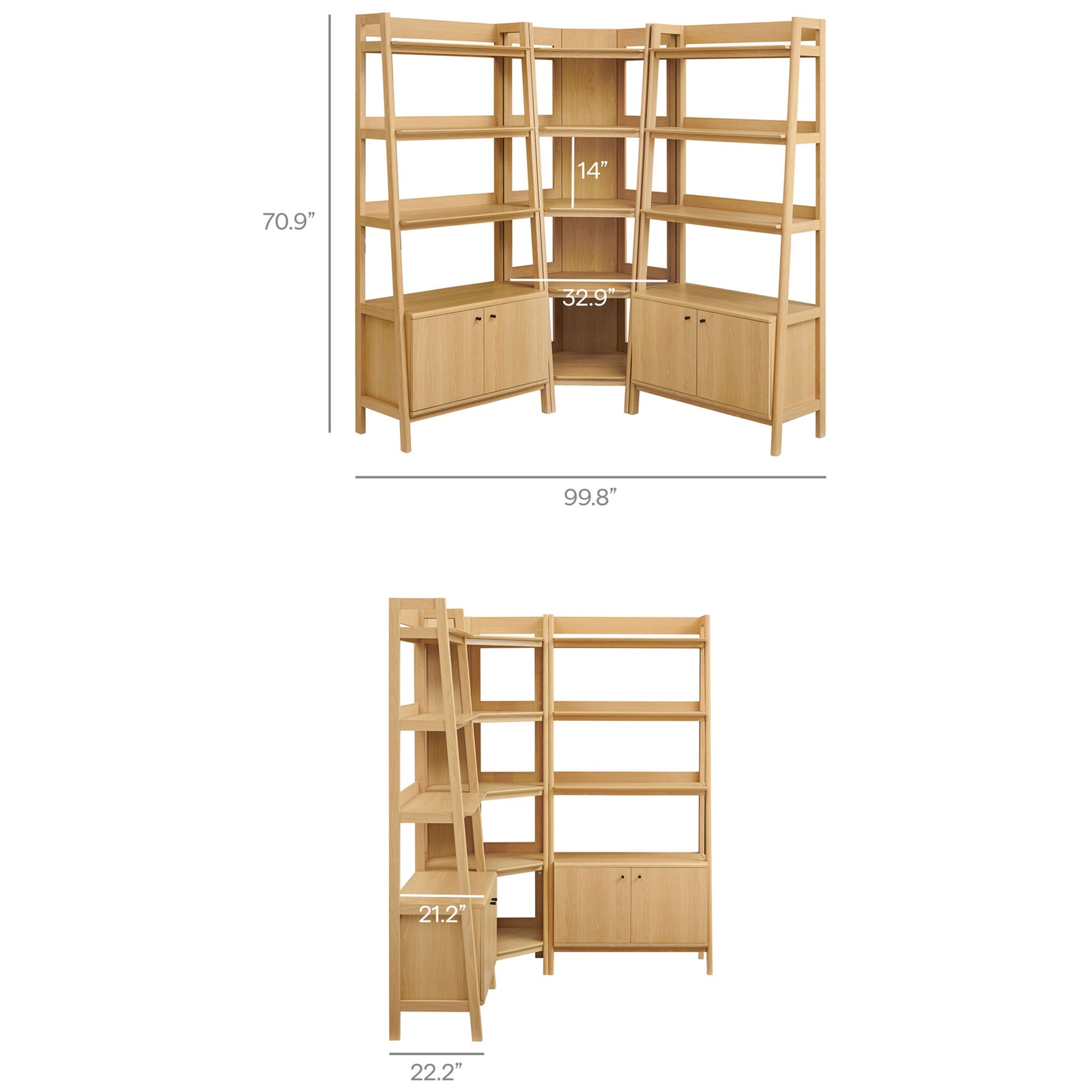 Generous 100-inch wide corner configuration offers expansive display and storage for living spaces || EEI-7471-OAK || dimension_studio