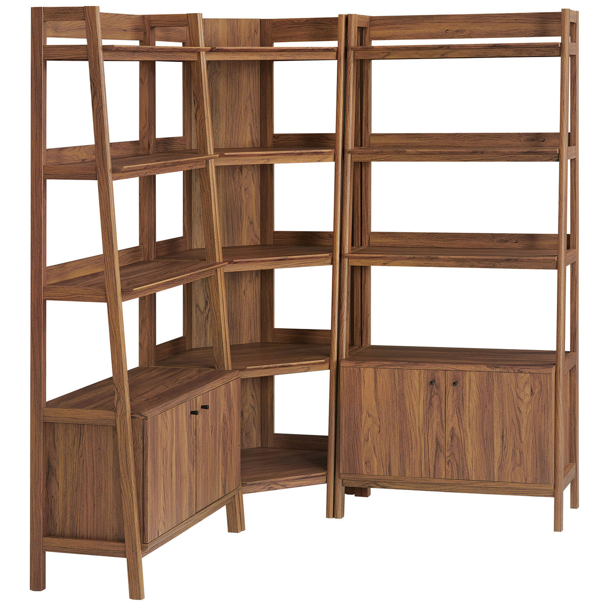 Walnut corner bookshelf set with open shelves, angled supports, and dual side cabinets || EEI-7471-WAL || front_angle_studio