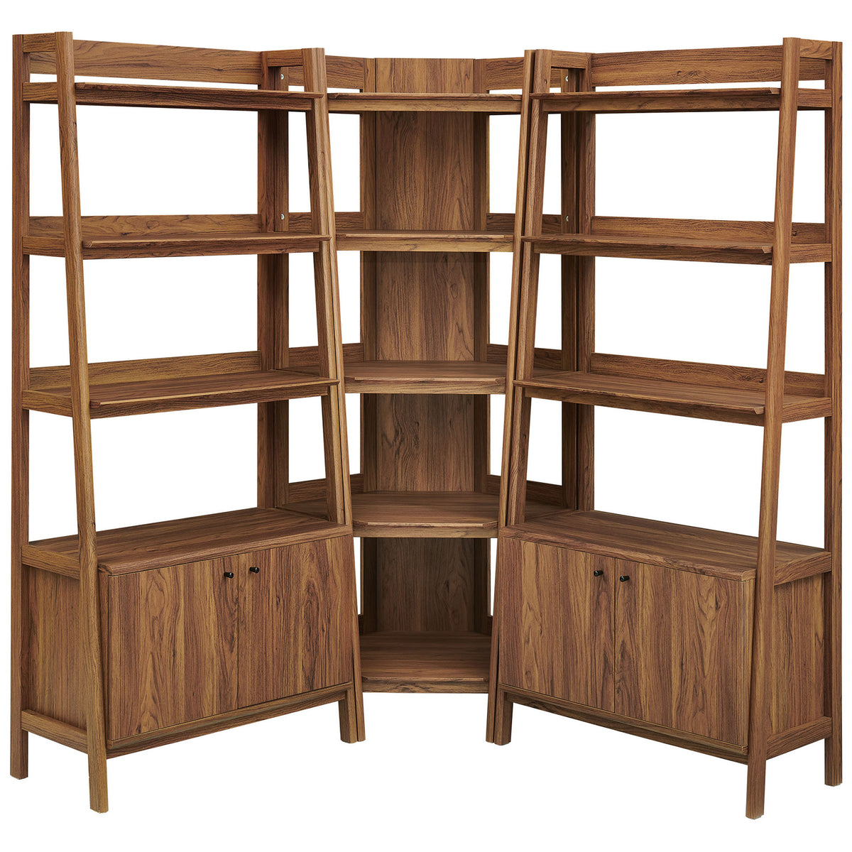 Three-piece corner bookcase ensemble with spacious open shelving and concealed side cabinets || EEI-7471-WAL || front_studio